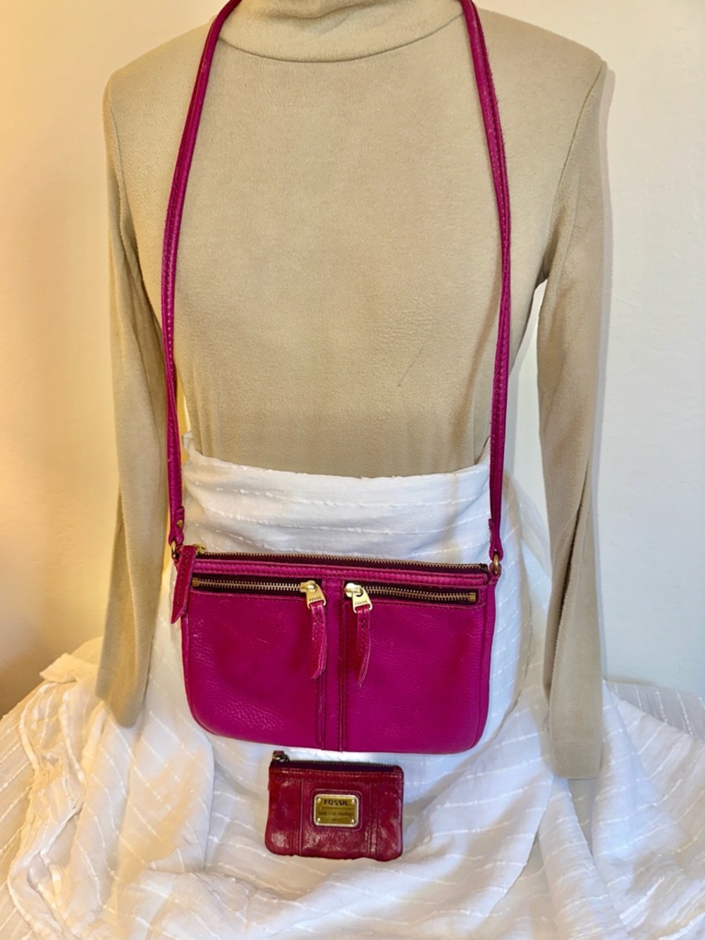 Fossil Raspberry Leather Crossbody with Coin Pouch